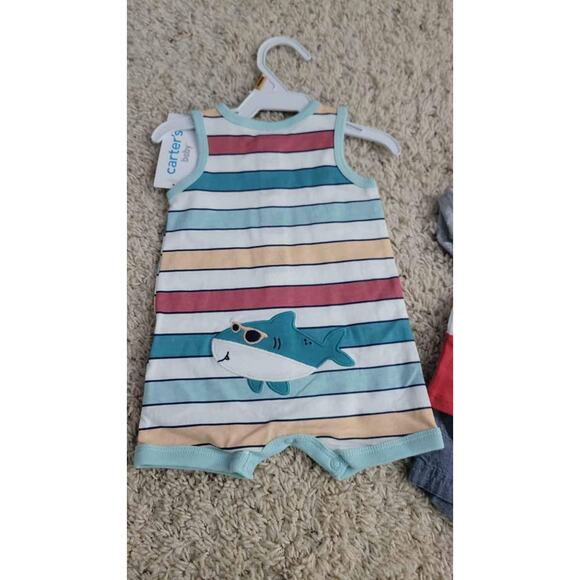 Carter's Baby 3-Piece Set Romper Outfit Dino Shark Stripe Bodysuit Summer NWT NB - Picture 3 of 7